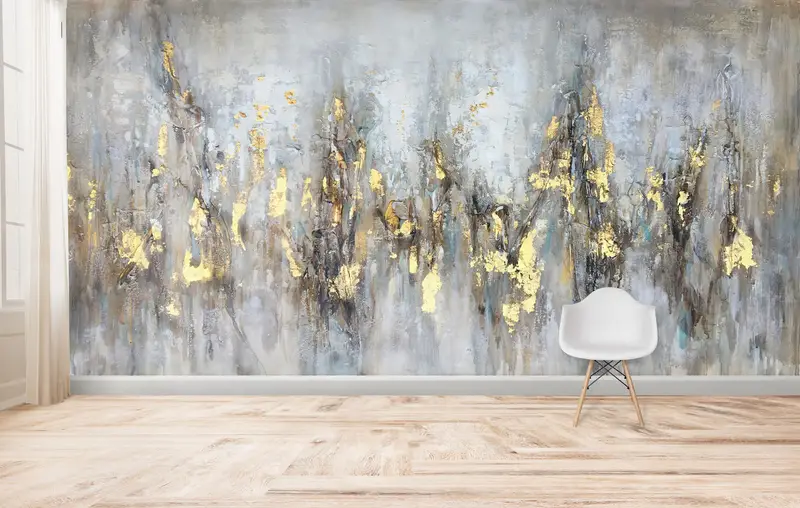 Papel pintado impreso abstracto moderno contemporáneo gris y dorado