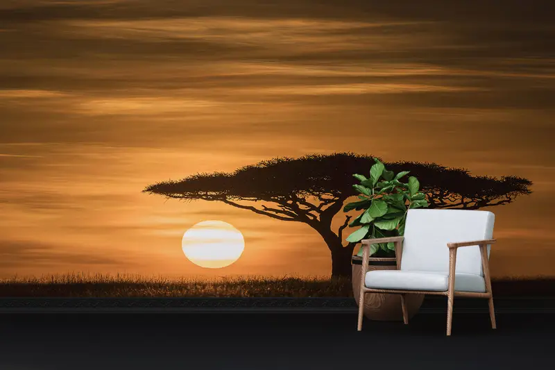 Serengeti Gündoğumu Akasya Ağacı Baskılı Duvar Kağıdı - Doğa Manzarası