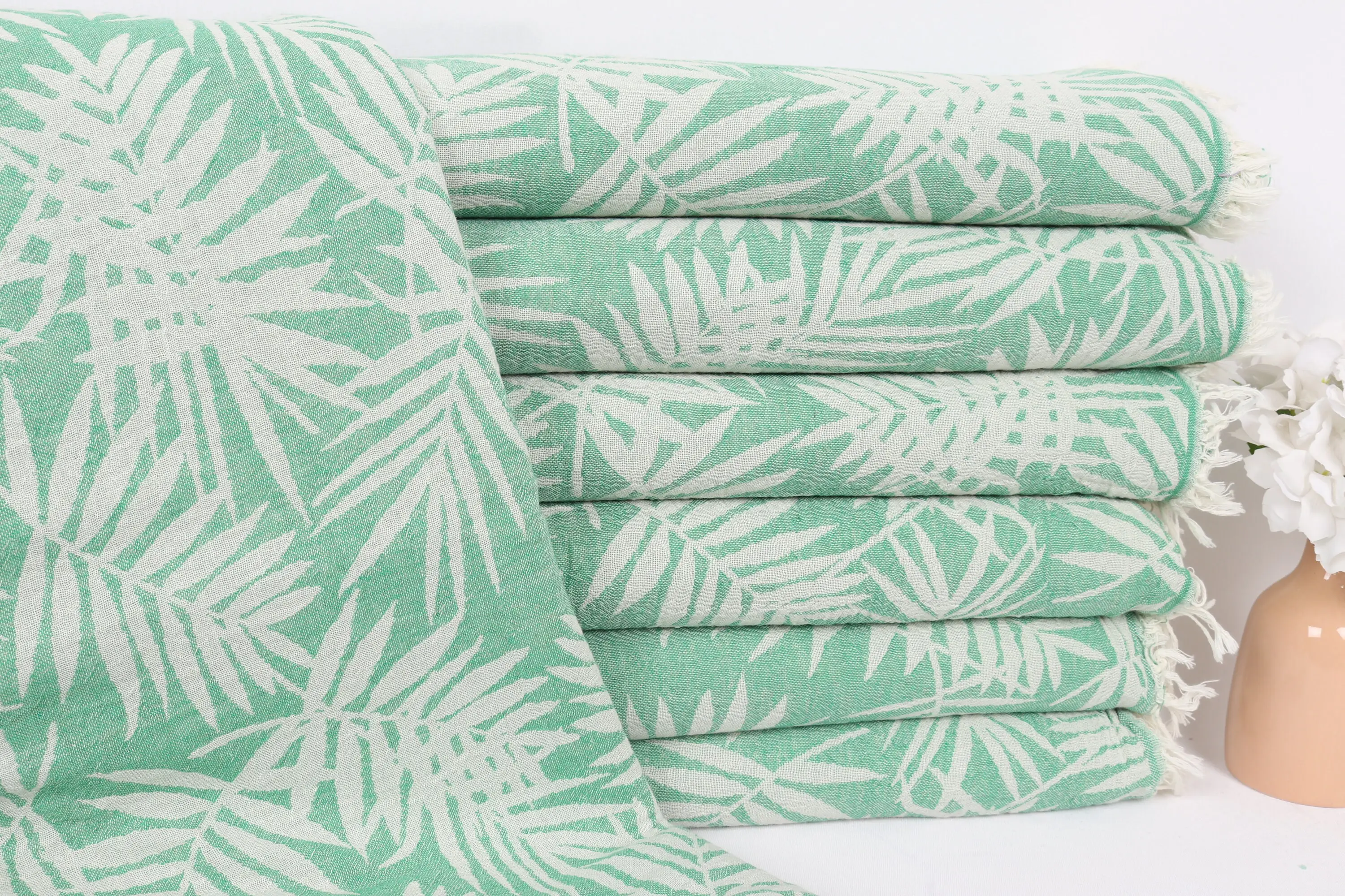 Green Cotton Floral Patterned Throw, 79x99 Inches - 1