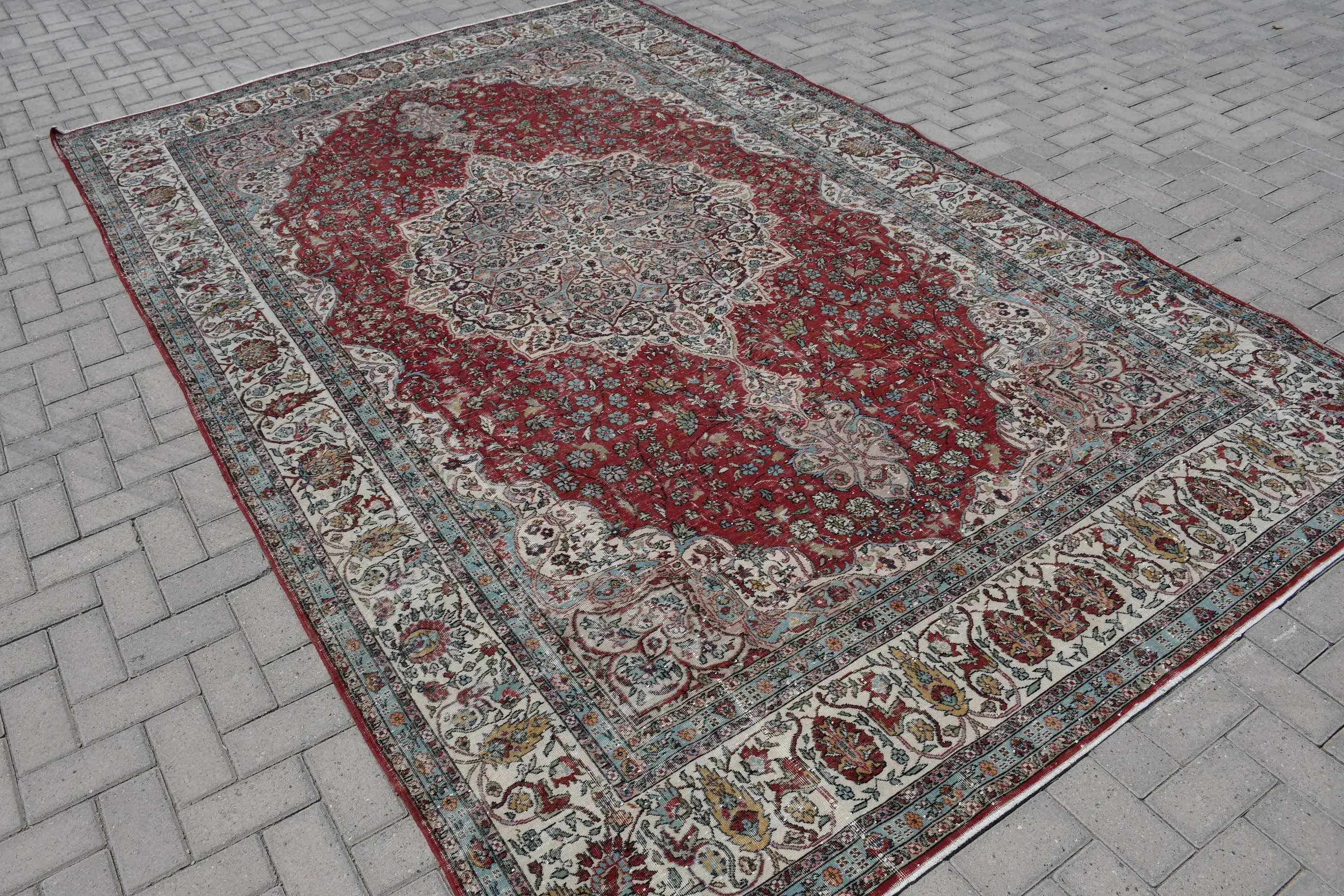 7.3x11.6 ft Rug, Vintage Rug, Turkish Red Wool Plants & trees Rug - 1