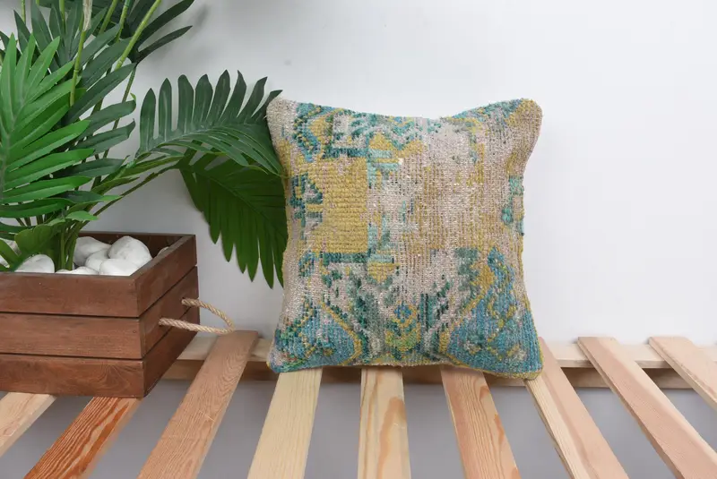 Authentic Pillow Case, Boho Pillow Sham Cover, Turkish Pillow, 12x12 Green Pillow Case, Bench Cushion, Pillow Case, Home Decor Pillow - 1