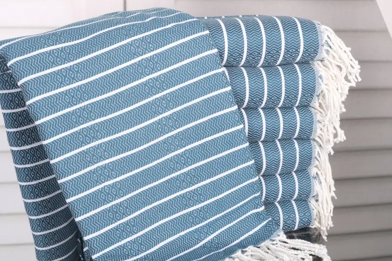 Petrol Blue Cotton Towel Striped Personalized Gift Home Decor, 40x71 Inches