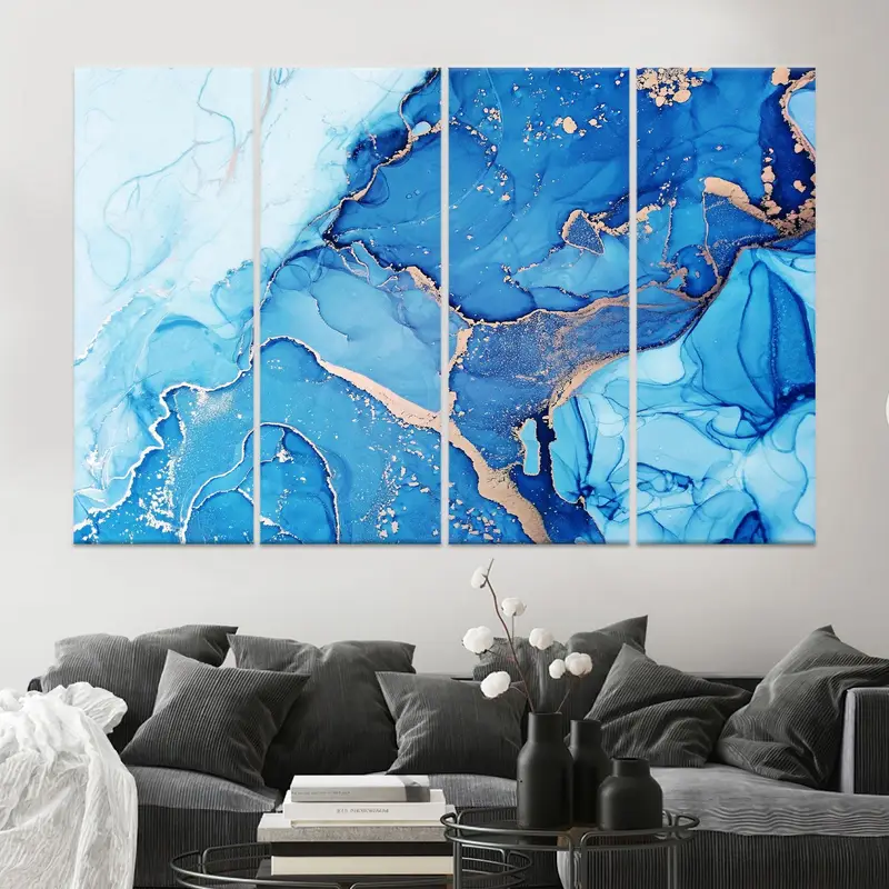 エレガントなブルーマーブルキャンバス: コンテンポラリーラグジュアリーアートプリント