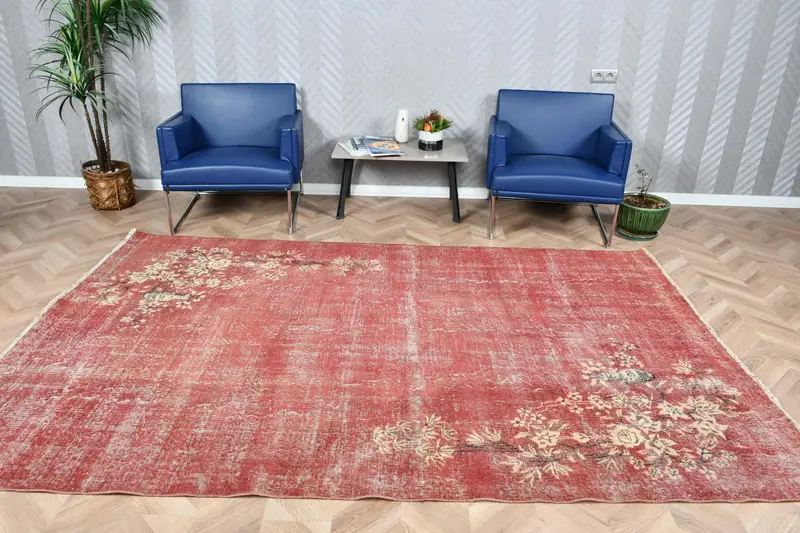 5.9x9.4 ft Vintage Oushak Rug, Turkish Rug, Red Plants & trees Wool Rug - 1