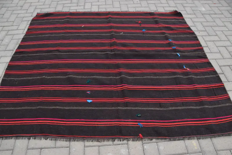 6.6x5.8 ft Turkish Vintage Rug, Area Rug, Black Kilim Plants & trees Rug - 1