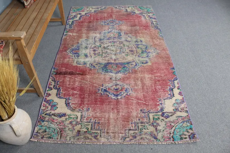 Kırmızı İkat Halı, Yeşil Desenli 4x7,2 ft