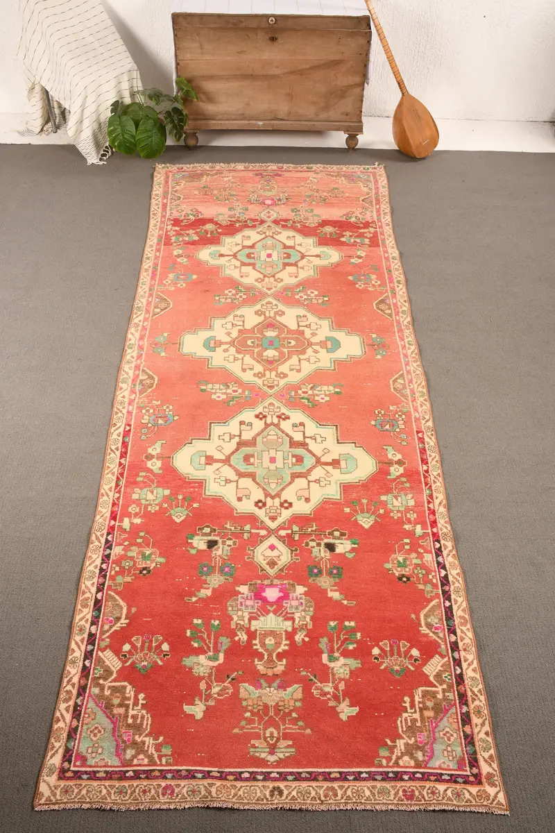 3.8x10.7 ft Türk Yolluk Halısı, Pembe Mavi Vintage Ombré Yün Halı - 1