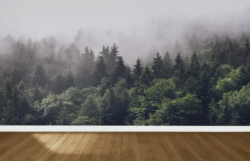 Papel pintado estampado elegante paisaje de bosque de montaña brumosa