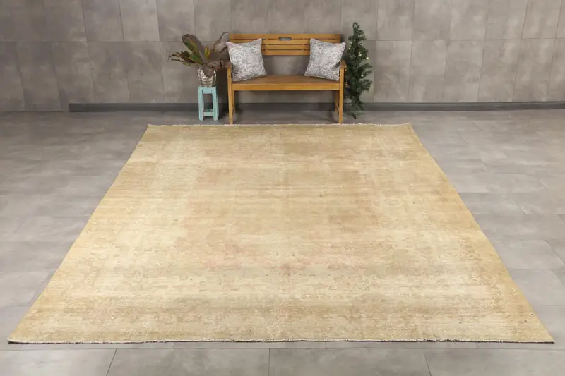 9,5x12,5 ft türkischer Teppich, Vintage Oversize Teppich, braun gelb abstrakter Teppich - 1