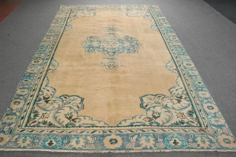 Turkish 6.2x9.8 ft Rug, Large Vintage Rug, Blue Floral Wool Rug - 1