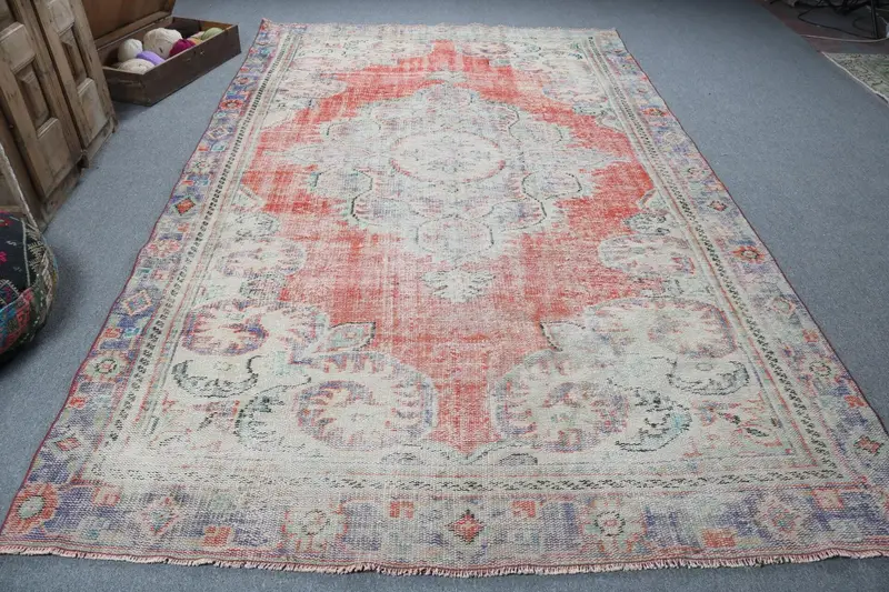ヴィンテージ トルコ ラグ 6.8x10.9 フィート (206x333 cm)、Oushak レッド ウール ラグ - 1