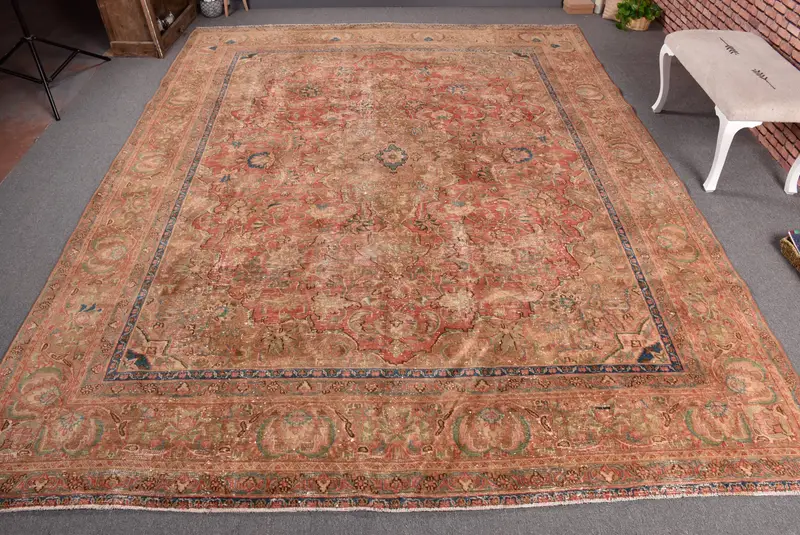 赤と青の花柄ラグ、9.2x12.5フィートのエレガントな装飾