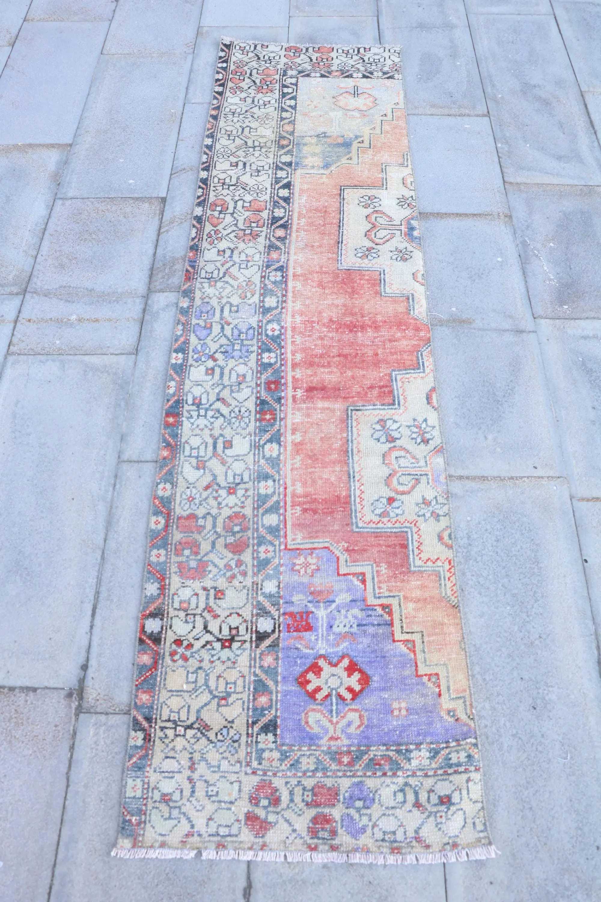 Turkish Rug, 1.9x7.5 ft Runner Vintage Rug, Red Blue Rug - 1