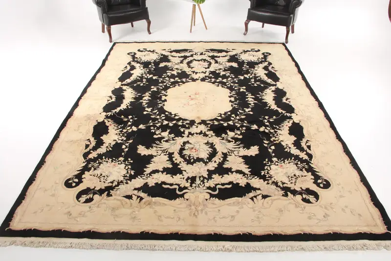 8,6x11,7 ft türkischer Vintage Teppich, Übergröße Teppich, schwarz weiß floraler Wollteppich - 1