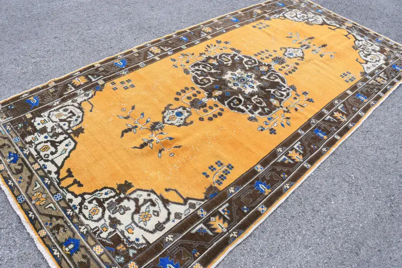 Türkischer Vintage Oushak Großer Teppich 5,1 x 10,8 Fuß, gelber massiver Teppich aus Wolle - 1