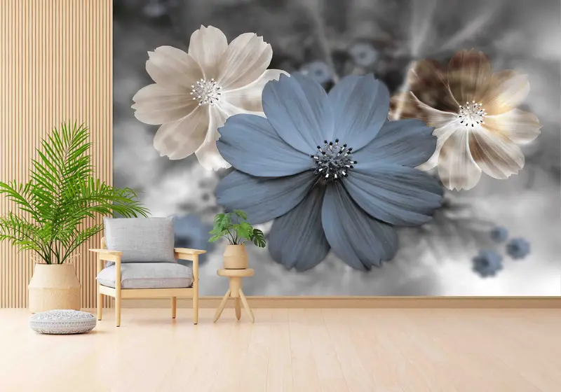 Modern Mekanlar İçin Zarif Mavi Lüks Çiçek Baskılı Duvar Kağıdı