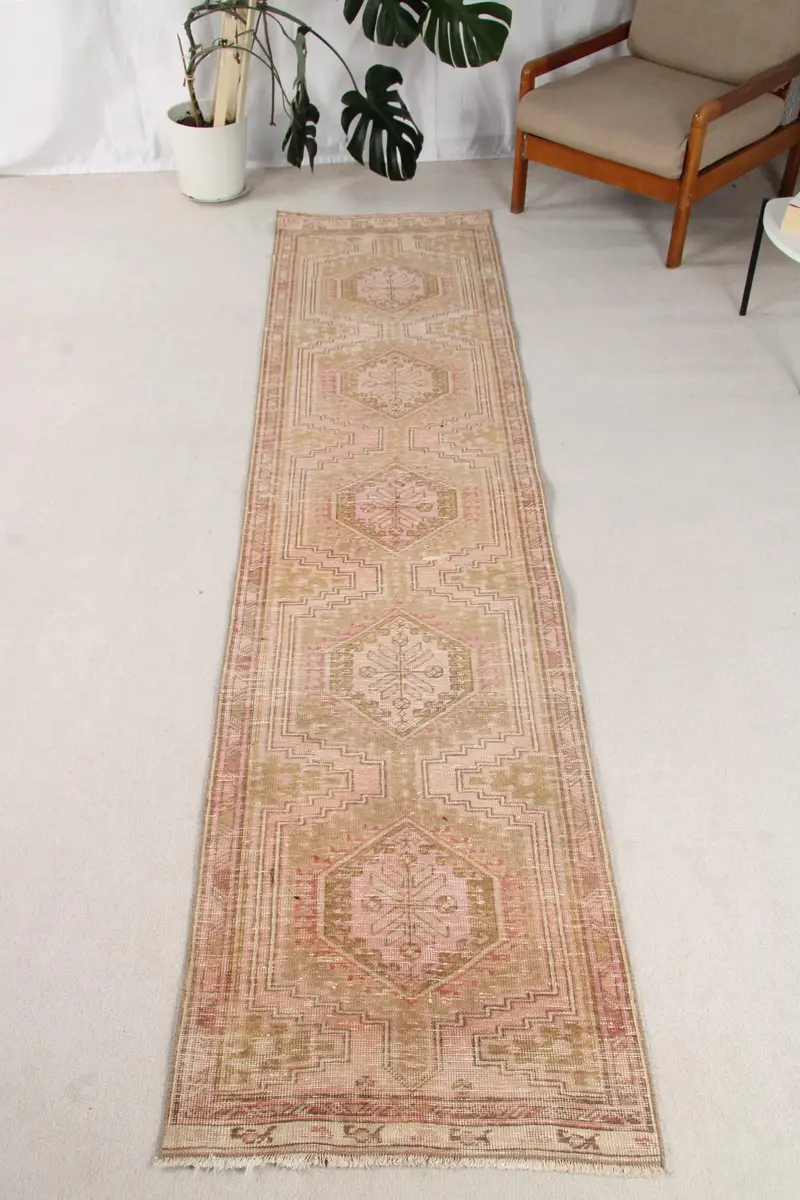 Vintage Oushak Rug 2.4x10.5 ft, Pink Brown Ombré Wool Turkish Rug - 1