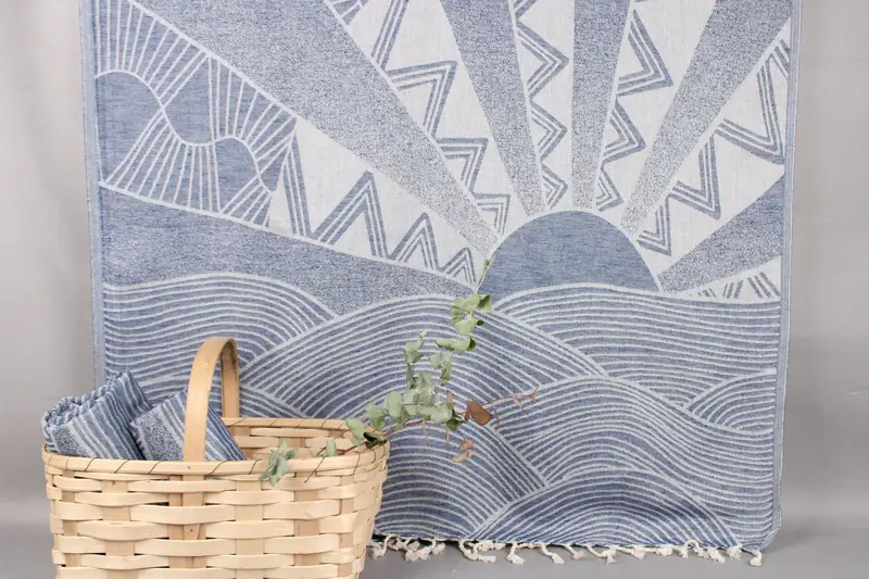 Personalized Turkish Towel Navy Patterned Peshtemal Bath Towel Beige, 40x71 Inches