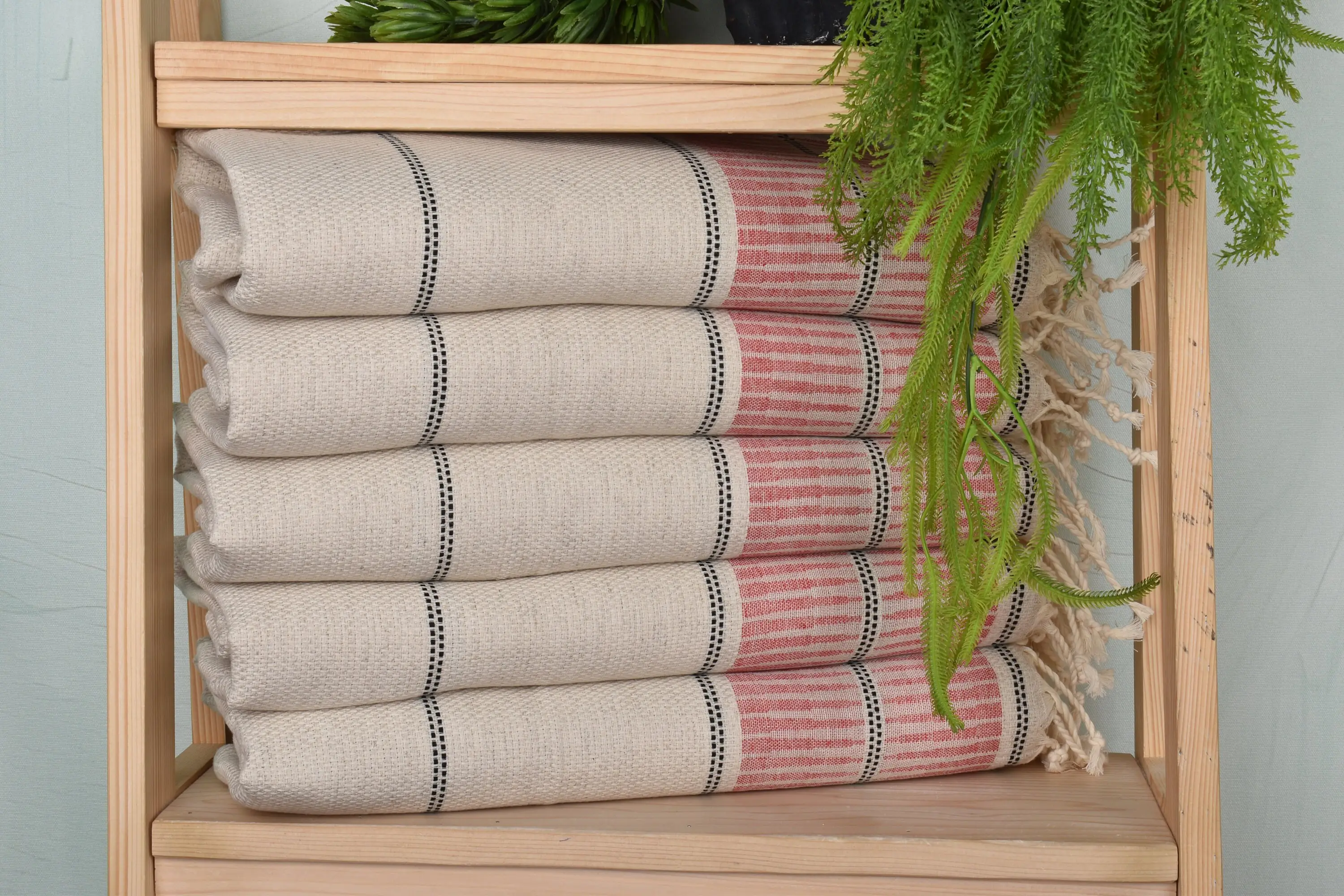 Striped Dish Towel Organic Cotton/Linen Red Beige, 40x20 Inches - 1