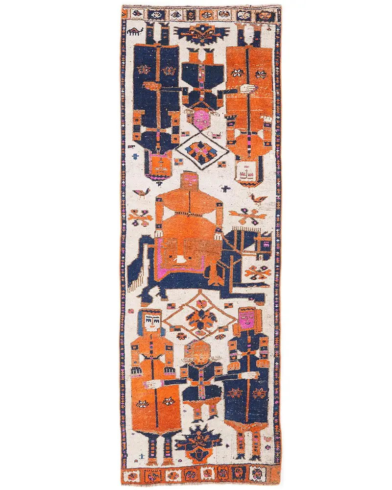 Orange & Blue Patchwork Rug, 3.4x10 ft Vibrant Decor