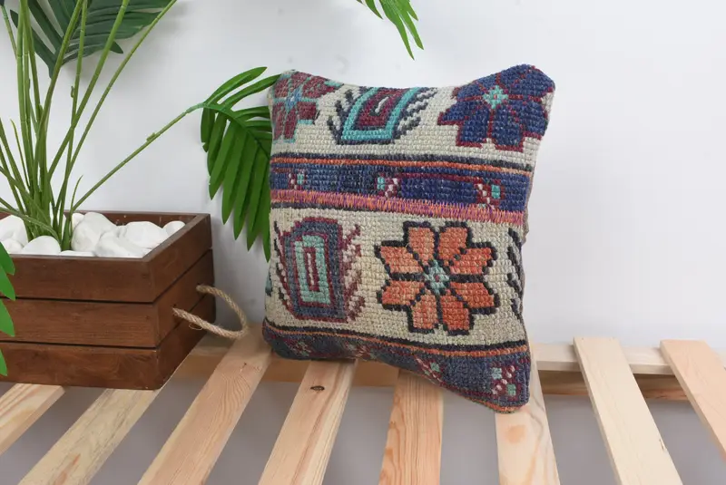 Ethnical Kilim Rug Pillow, Interior Designer Pillow, Customized Cushion Case, Vintage Kilim Pillow, Pillow Cover, 12x12 Blue Pillow Case - 5