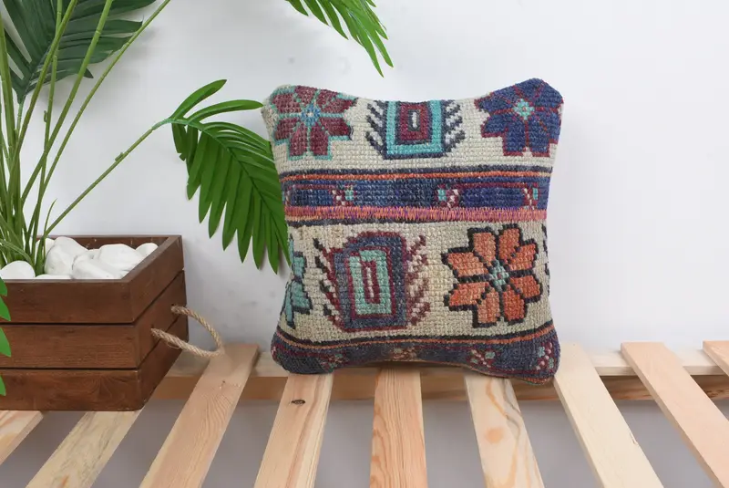 Ethnical Kilim Rug Pillow, Interior Designer Pillow, Customized Cushion Case, Vintage Kilim Pillow, Pillow Cover, 12x12 Blue Pillow Case - 1