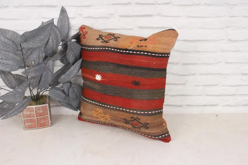 Bench Pillow, Pillow Sham, Turkish Kilim Pillow, Accent Pillow Cover, Pillow for Couch, 18x18 Red Pillow, Vintage Kilim Throw Pillow - 4