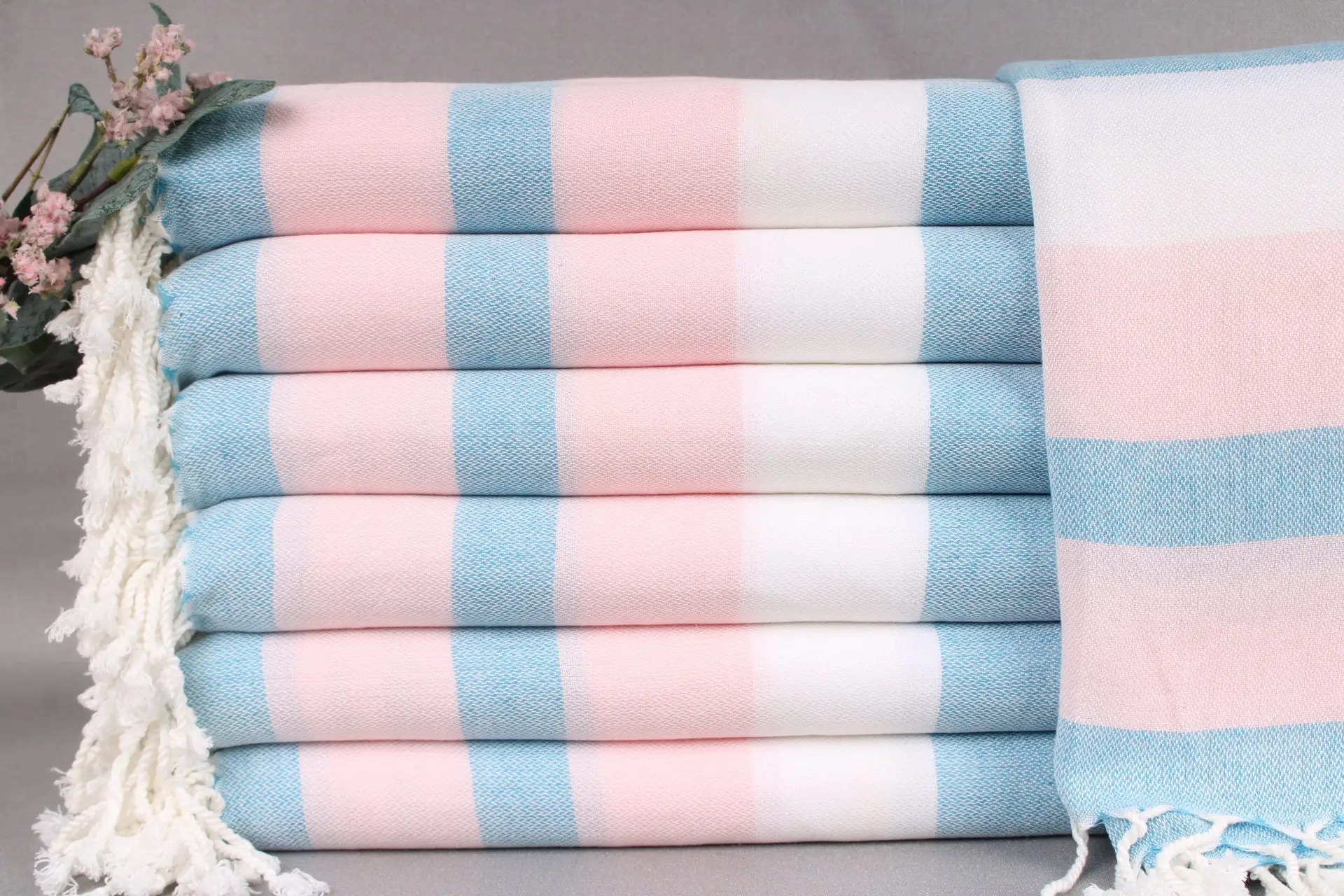 Kişiye Özel Koyu Turkuaz-Orta Pembe Çizgili Havlu, 40x71 İnç - 1