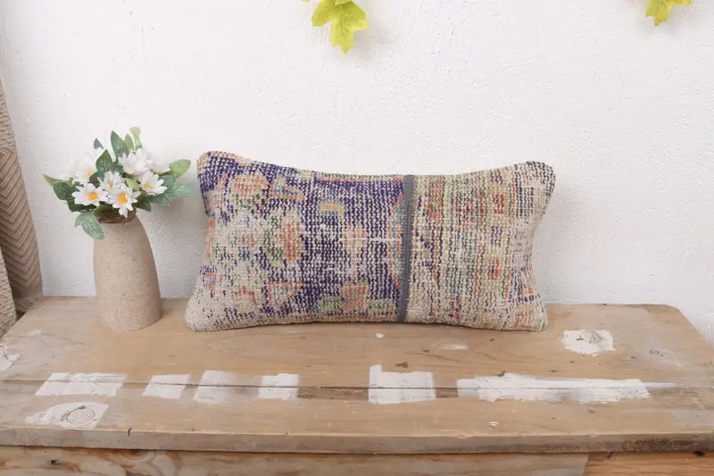 Blaues und grünes Patchwork-Wurfkissen, Vintage besticktes Kissen