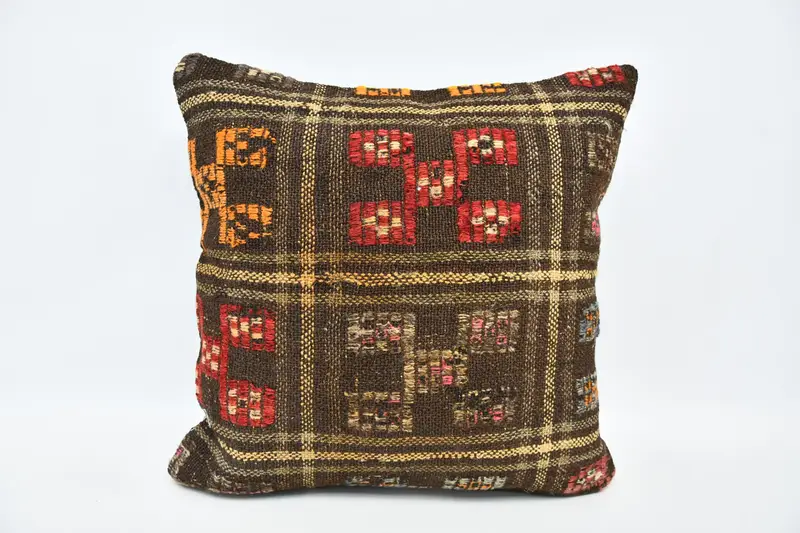 Turkish Kilim Pillow, Turkish Corner Cushion, Pillow Cover, 20x20 Brown Pillow Sham, Kilim Pillow, Sofa Bolster Pillow Cover, Vintage Pillow - 1
