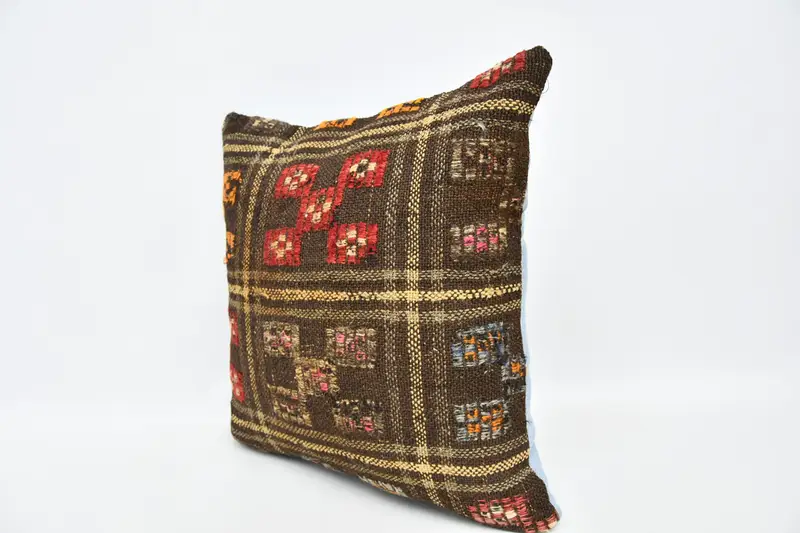 Turkish Kilim Pillow, Turkish Corner Cushion, Pillow Cover, 20x20 Brown Pillow Sham, Kilim Pillow, Sofa Bolster Pillow Cover, Vintage Pillow - 4