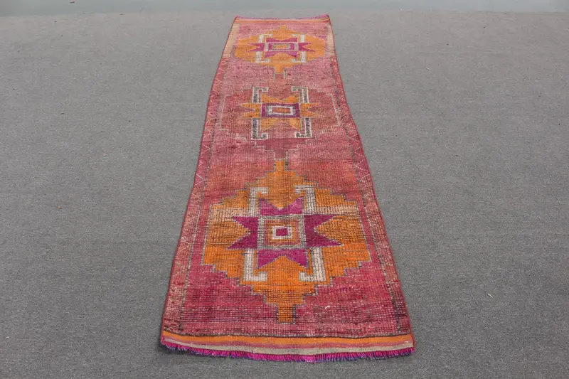 Vintage 2.8x10.5 ft Halı, Runner Türk Halısı, Kırmızı Turuncu Düz Halı - 1