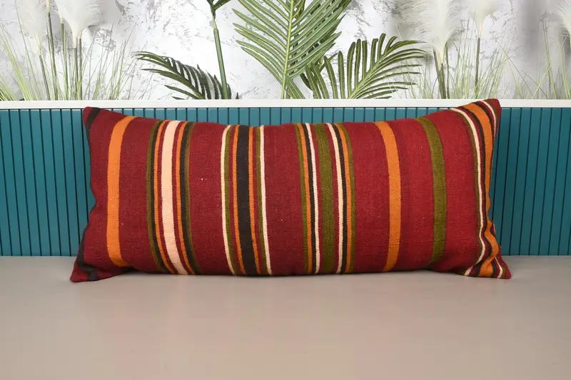 Türkischer rechteckiger Kissenbezug, 16 x 35 Zoll gestreifter, luxuriöser, antiker Wollkissenbezug in Orange - 1