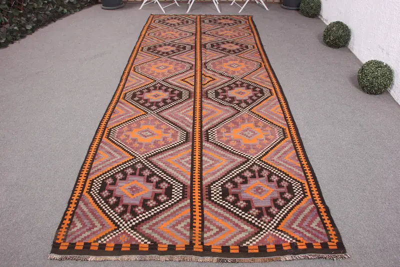 Alfombra Hecha a Mano en Color Morado, 12x3,5m Diseño Abstracto