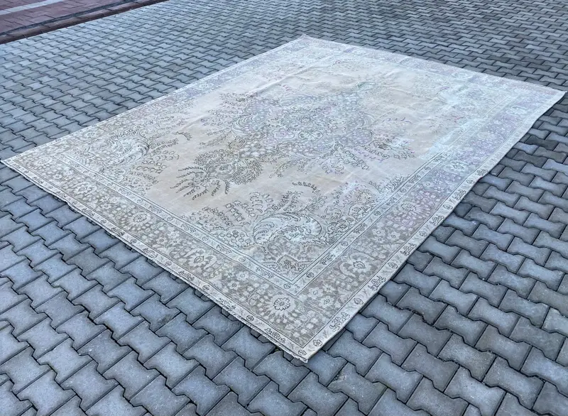 Zarif Bej Halı, 9,7x12,2 ft Çiçek ve Geometrik Tasarım