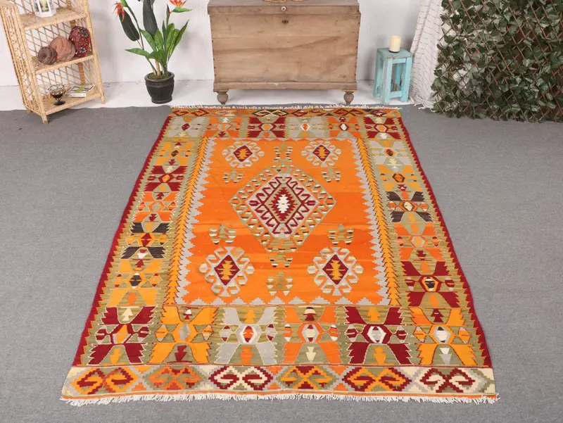 5,2x8 ft Orange Moroccan Rug, Vibrant Red Accents