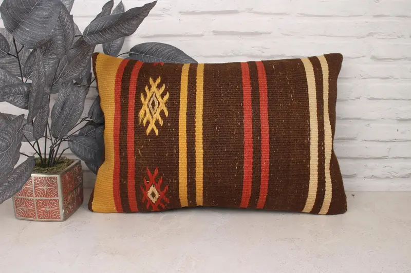Pillow for Sofa, 16x24 Brown Cushion, Bed Pillow Sham, Kilim Cushion Sham, Pillow Case, Yoga Pillow Cover, Throw Kilim Pillow - 1