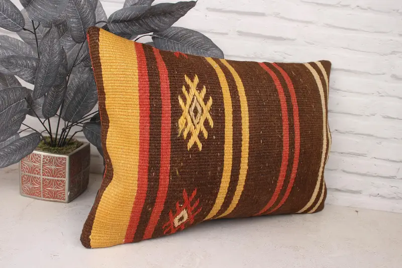 Pillow for Sofa, 16x24 Brown Cushion, Bed Pillow Sham, Kilim Cushion Sham, Pillow Case, Yoga Pillow Cover, Throw Kilim Pillow - 3