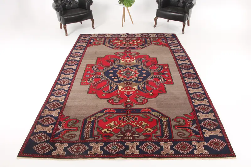 Vintage Turkish Rug, 7.1x10.2 ft Oushak Rug, Red Oversize Striped Rug - 1