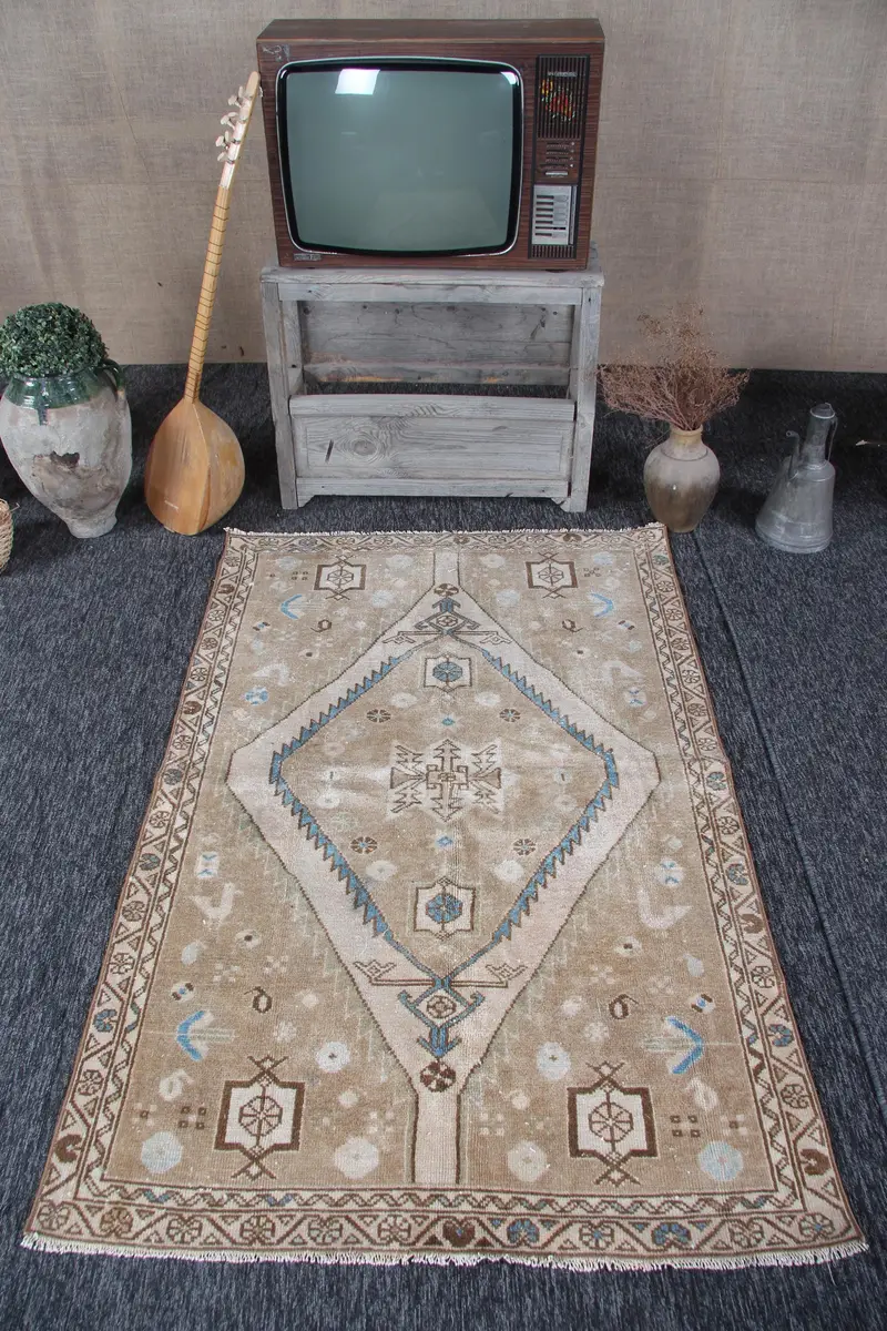 Vintage Rug, 3.7x5.7 ft Accent Turkish Rug, Oushak Brown Blue Plants & trees Rug - 1
