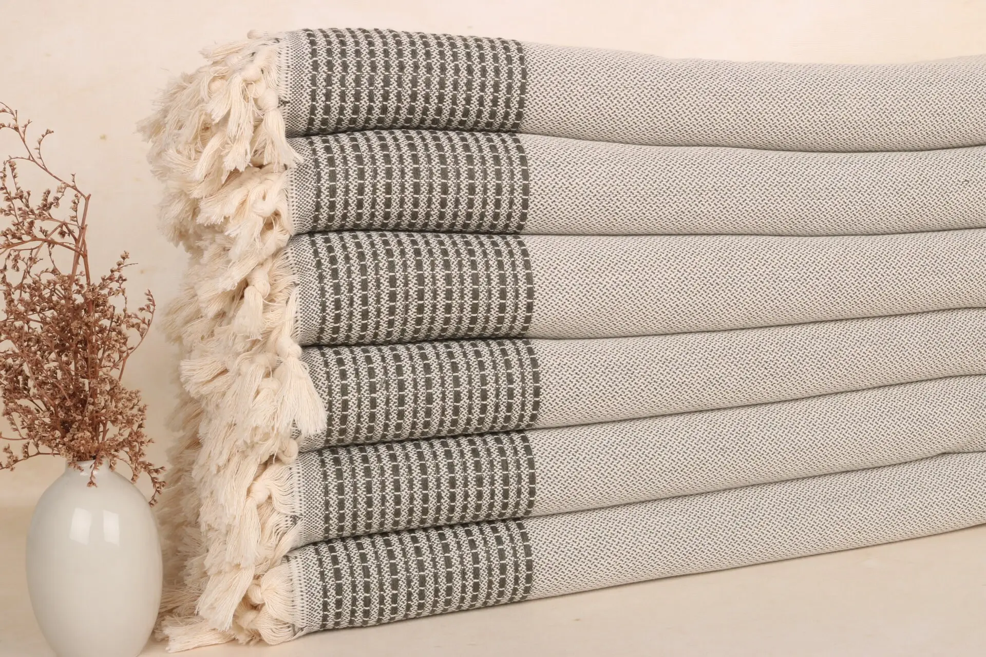Khaki Green Cotton Throw Bedspread, Striped, 91x95 Inches - 1