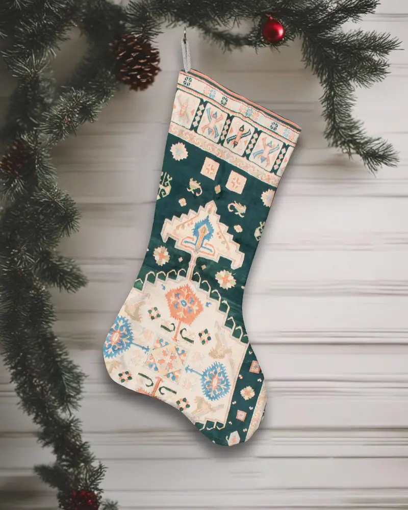Beige Christmas Stocking with Green Ornaments, Festive Holiday Decor