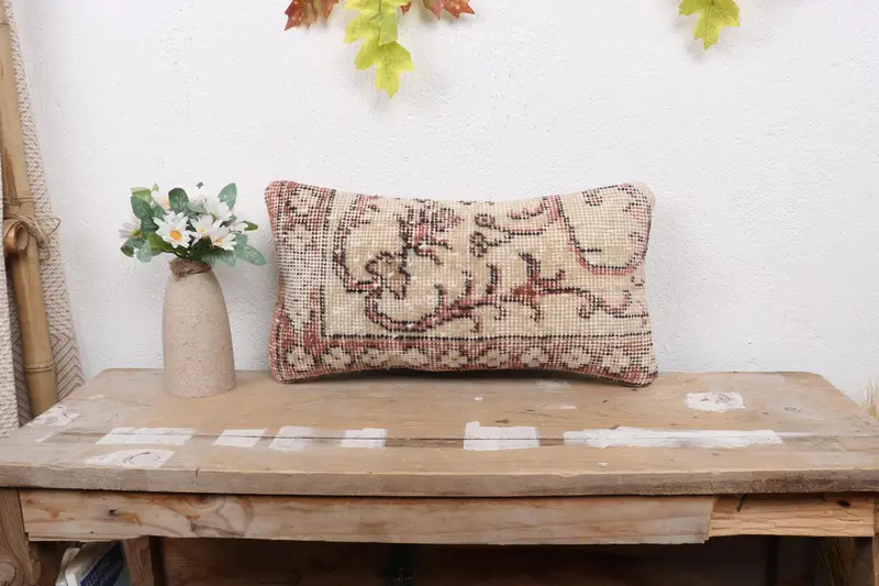 Ethnical Kilim Rug Pillow, 8x16 Beige Cushion Case, Anatolian Cushion Case, Home Decor Pillow, Pillow Case, Bolster Pillow Cover, Pillow for Couch - 1
