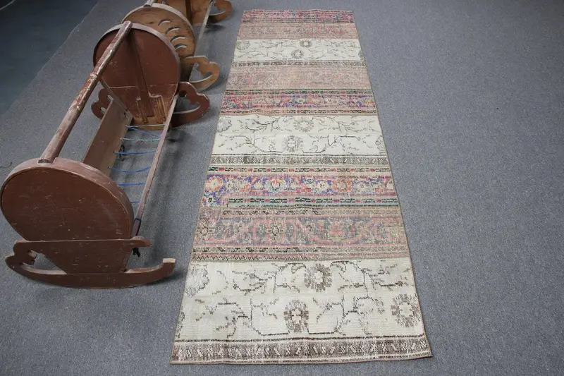 Türk Vintage Halı, 2.6x8.9 ft Oushak Halı, Mavi Çizgili Yün Halı - 1