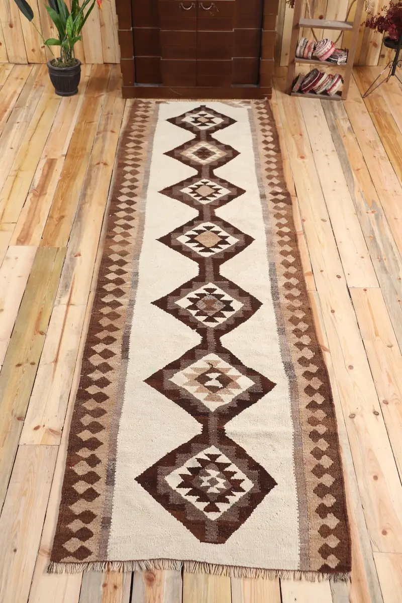 3.1x10.6 ft Türk Kilim Halısı, Kahverengi Oryantal Vintage Yün Halı - 1