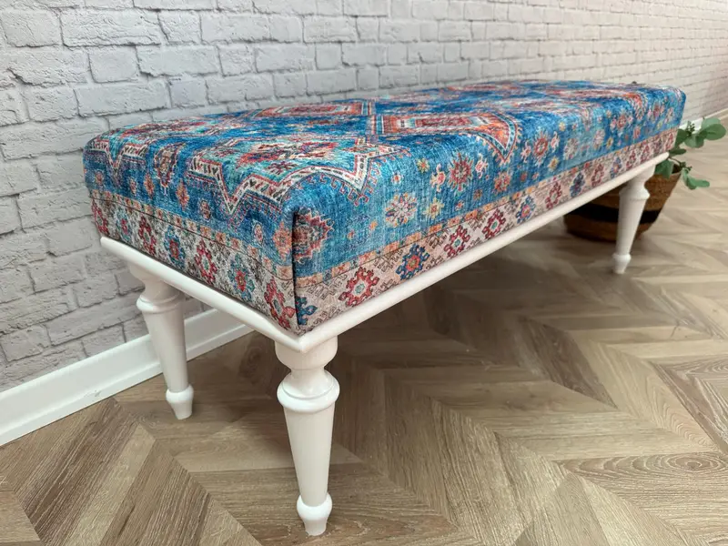 Modular Blue & Pink Ottoman Set, Kilim-Inspired Wool Blend Ottomans