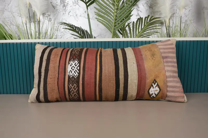 Beige & braun gestreiftes Wurfkissen, handgemachtes Vintage Rechteckkissen