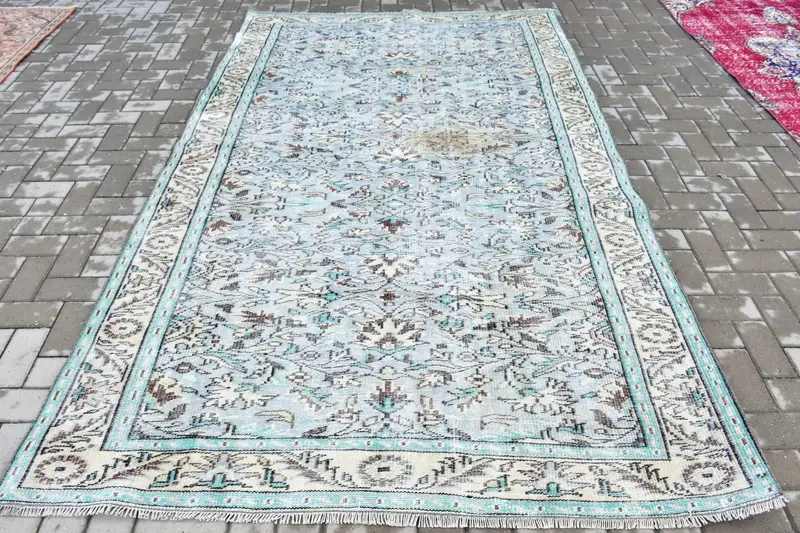 5.7x9 ft Büyük Türk Halısı, Mavi Çiçekli Vintage Halı - 1