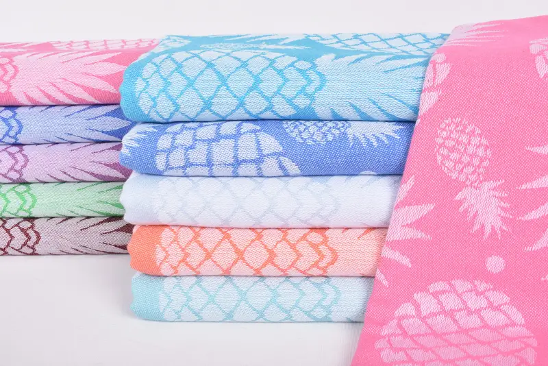 Turquoise Pineapple Design Turkish Organic Cotton Beach Towel, 70x36 Inches