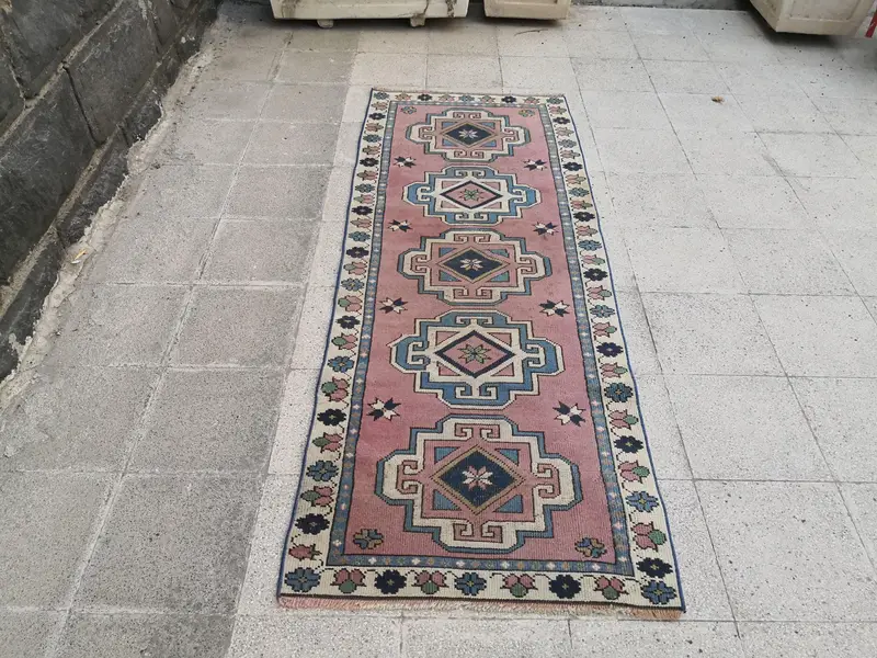 2.5x6.6 ft Vintage Turkish Rug, Runner Rug, Red Blue Floral Wool Rug - 1